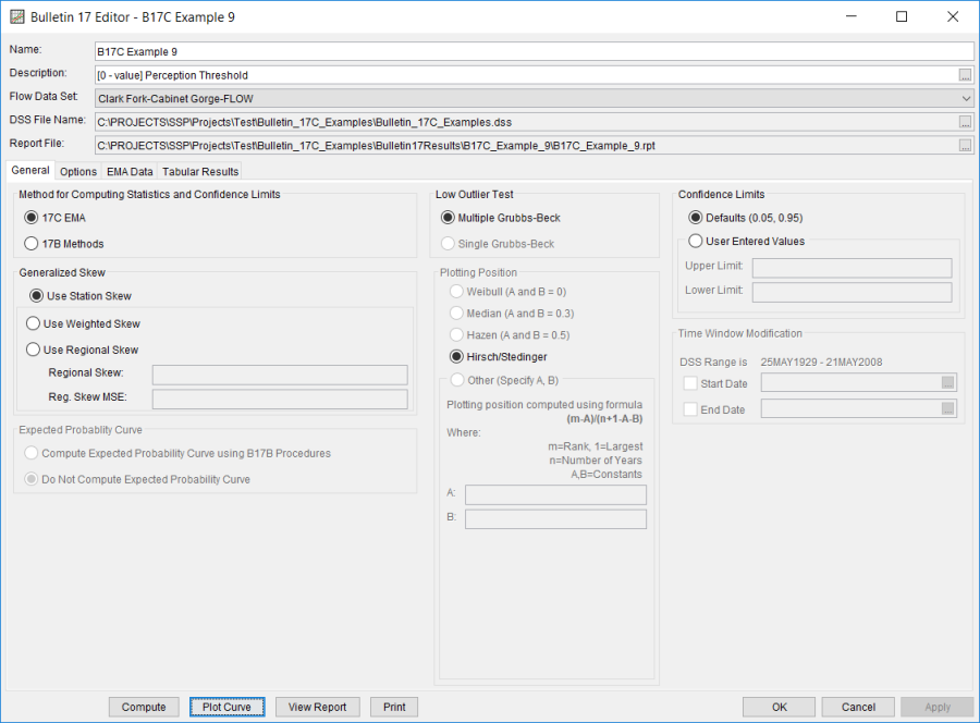 Figure 2. Bulletin 17 Analysis General Tab for B17C Example 9.