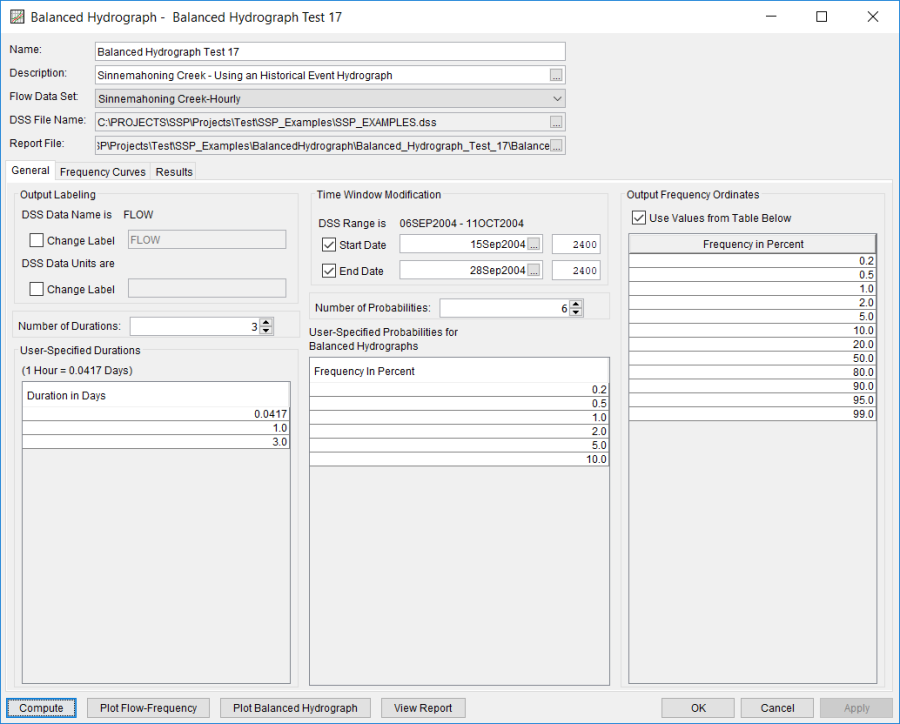 Figure 1. General Tab Shown for Balanced Hydrograph Test 17.