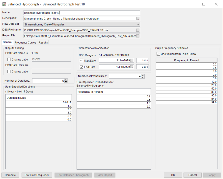 Figure 1. General Tab Shown for Balanced Hydrograph Test 18.
