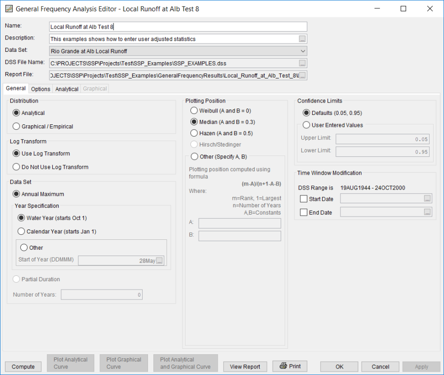 Figure 3. General Frequency Analysis Editor for Local Runoff at Alb Test 8