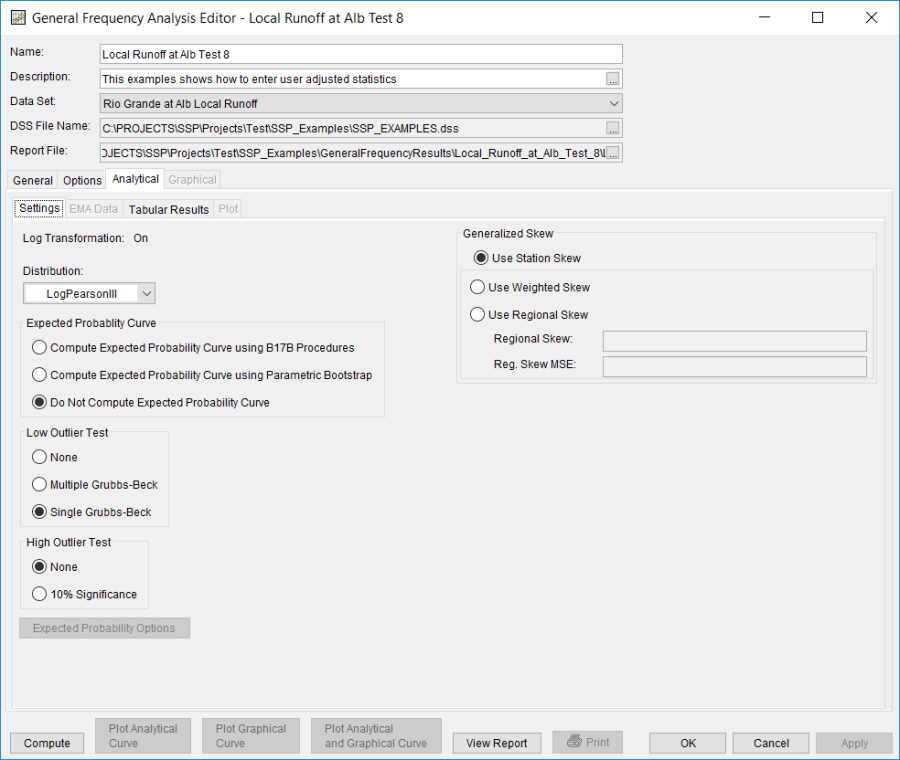 Figure 5. General Frequency Analysis Editor with Settings Tab Shown for Local Runoff at Alb Test 8