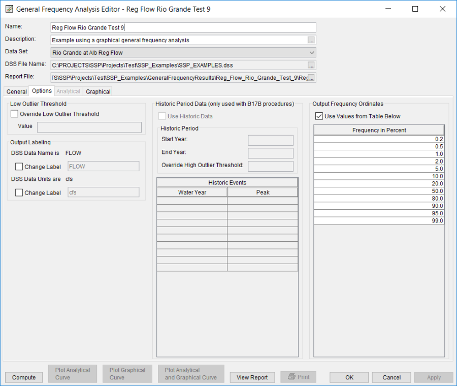 Figure 4. General Frequency Analysis Editor with Options Tab Shown for Reg Flow Rio Grande Test 9