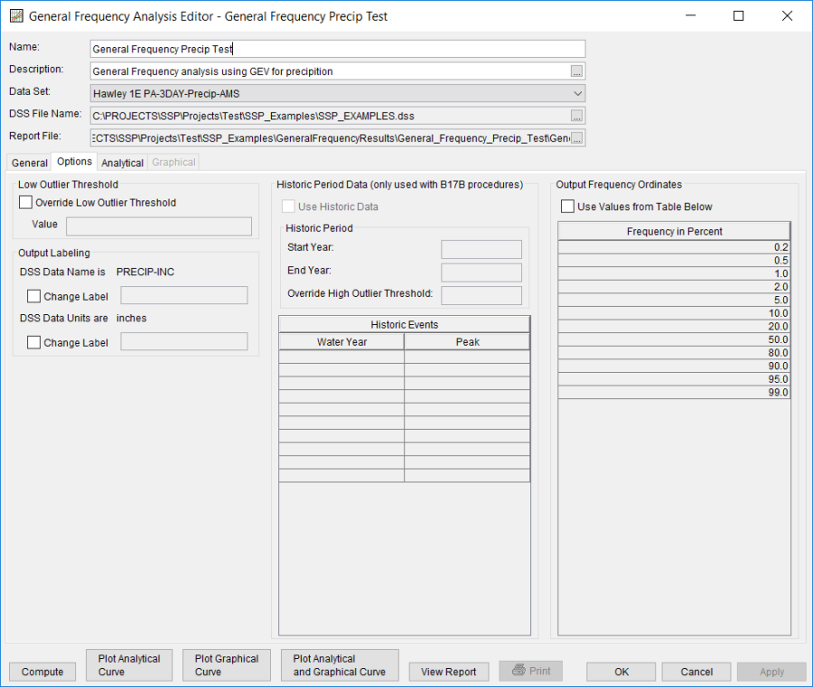 Figure 3. General Frequency Analysis Editor with Options Tab Selected for General Frequency Precip Test.