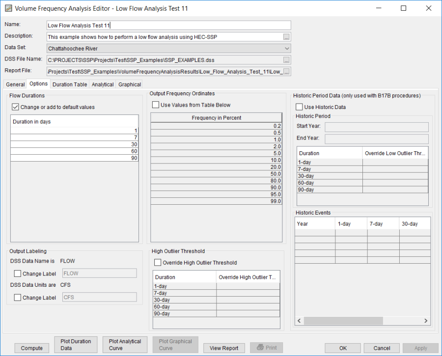 Figure 3. Options Tab Shown for Low Flow Analysis Test 11