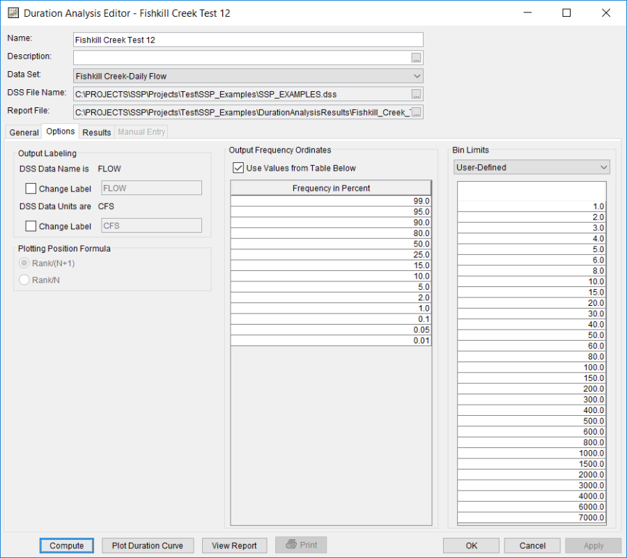 Figure 3. Duration Analysis Editor with Options Tab Shown for Fishkill Creek Test 12