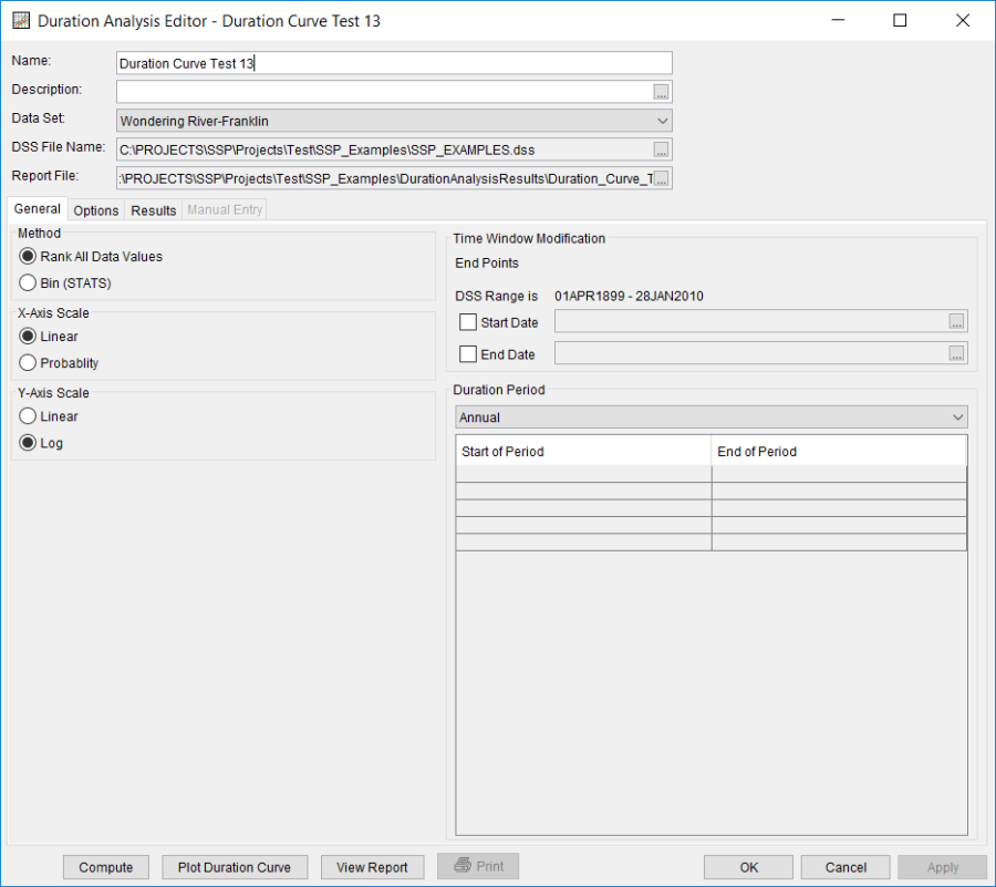 Figure 2. Duration Analysis Editor for Duration Curve Test 13 Figure 2. Duration Analysis Editor for Duration Curve Test 13