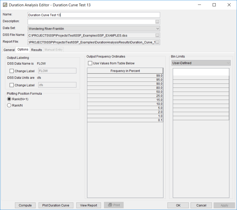 Figure 3. Duration Analysis Editor with Options Tab Shown for Duration Curve Test 13