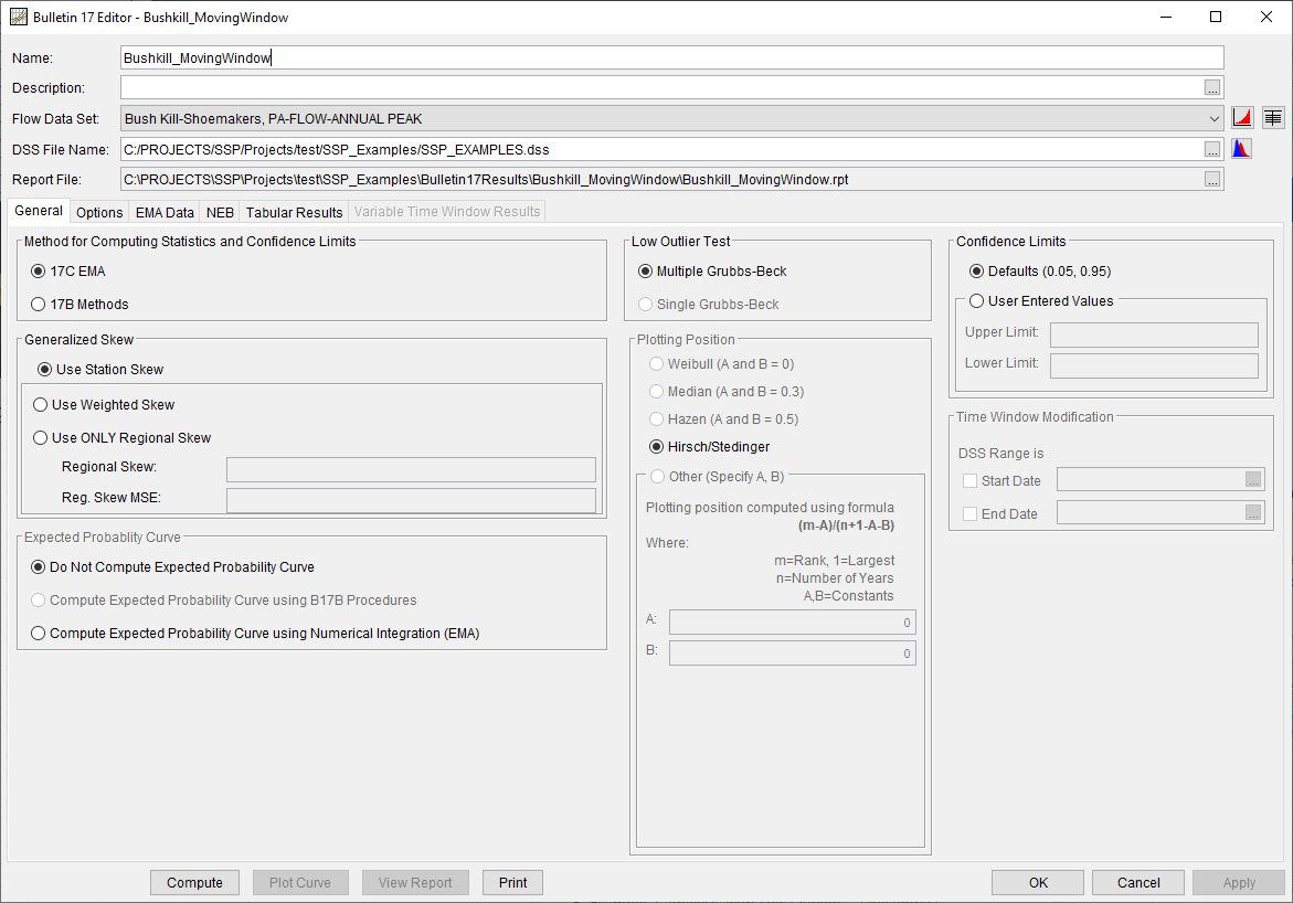 Figure 2. Bulletin 17 Analysis General Tab for Bushkill_MovingWindow