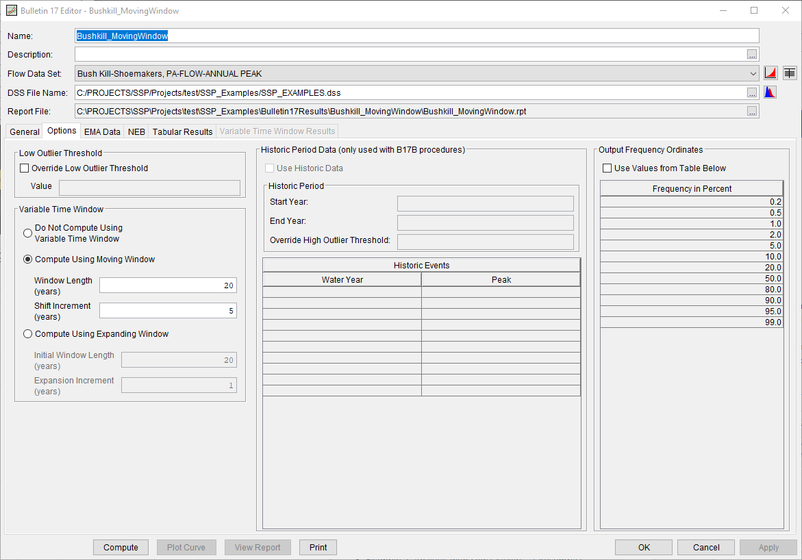 Figure 3. Bulletin 17 Analysis Options Tab for Bushkill_MovingWindow