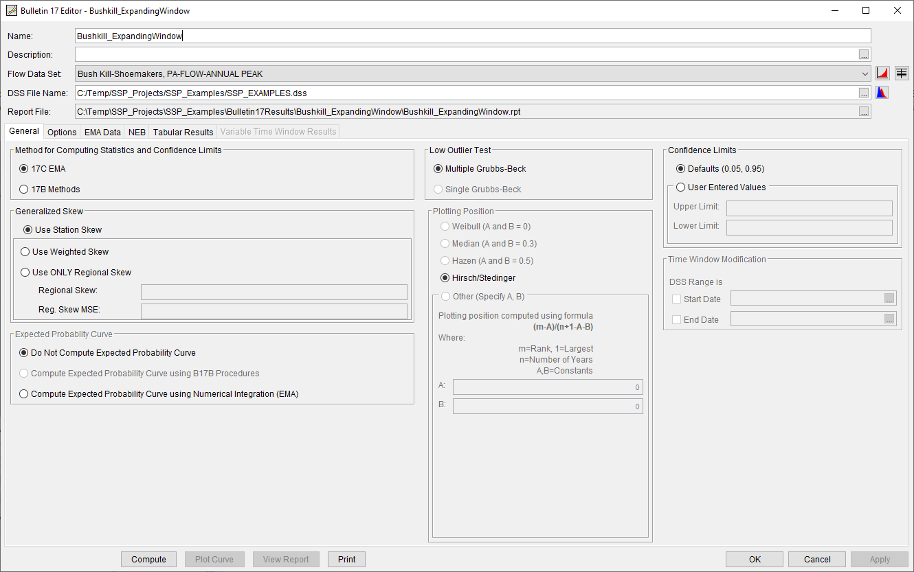 Figure 2. Bulletin 17 Analysis General Tab for Bushkill_ExpandingWindow