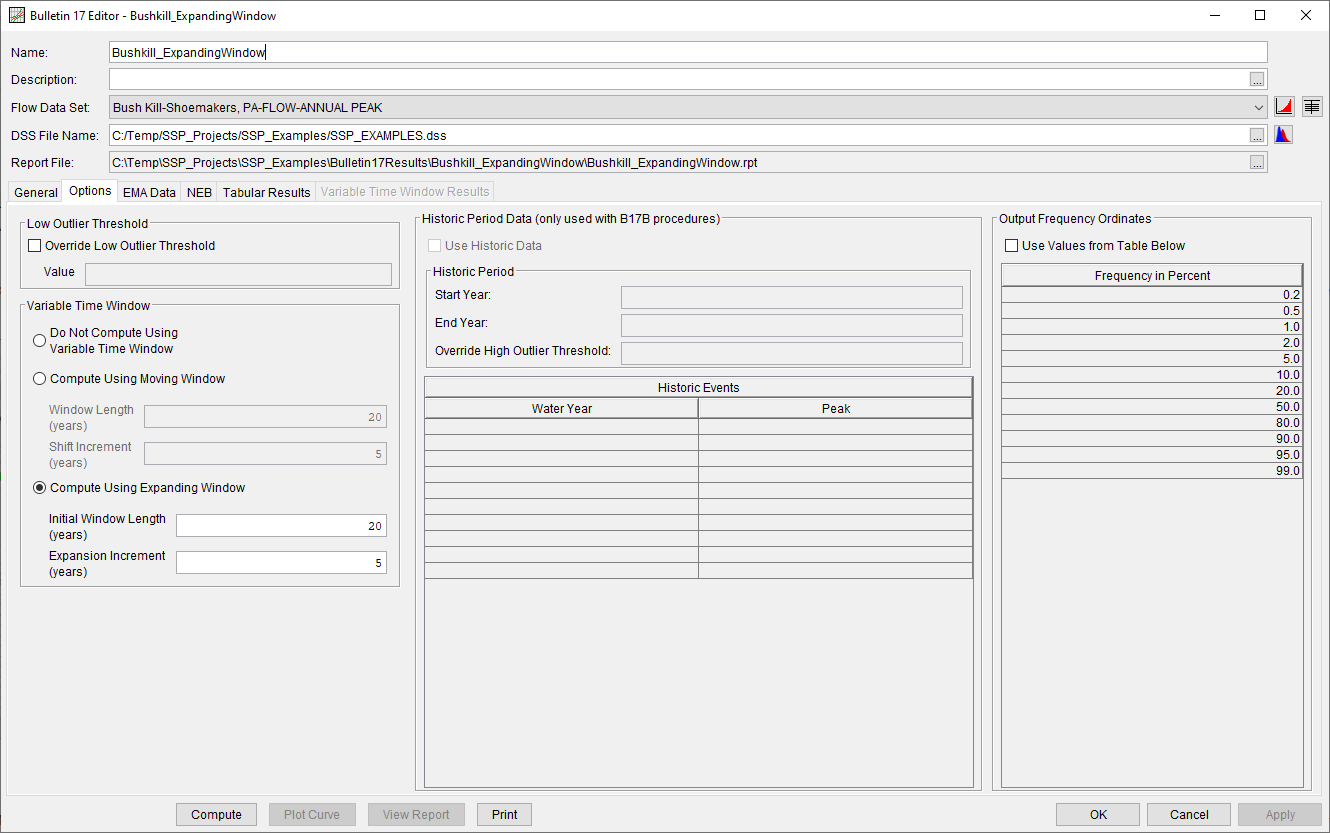 Figure 3. Bulletin 17 Analysis Options Tab for Bushkill_ExpandingWindow