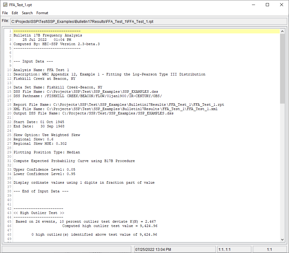 Figure 7. FFA Test 1 Report File