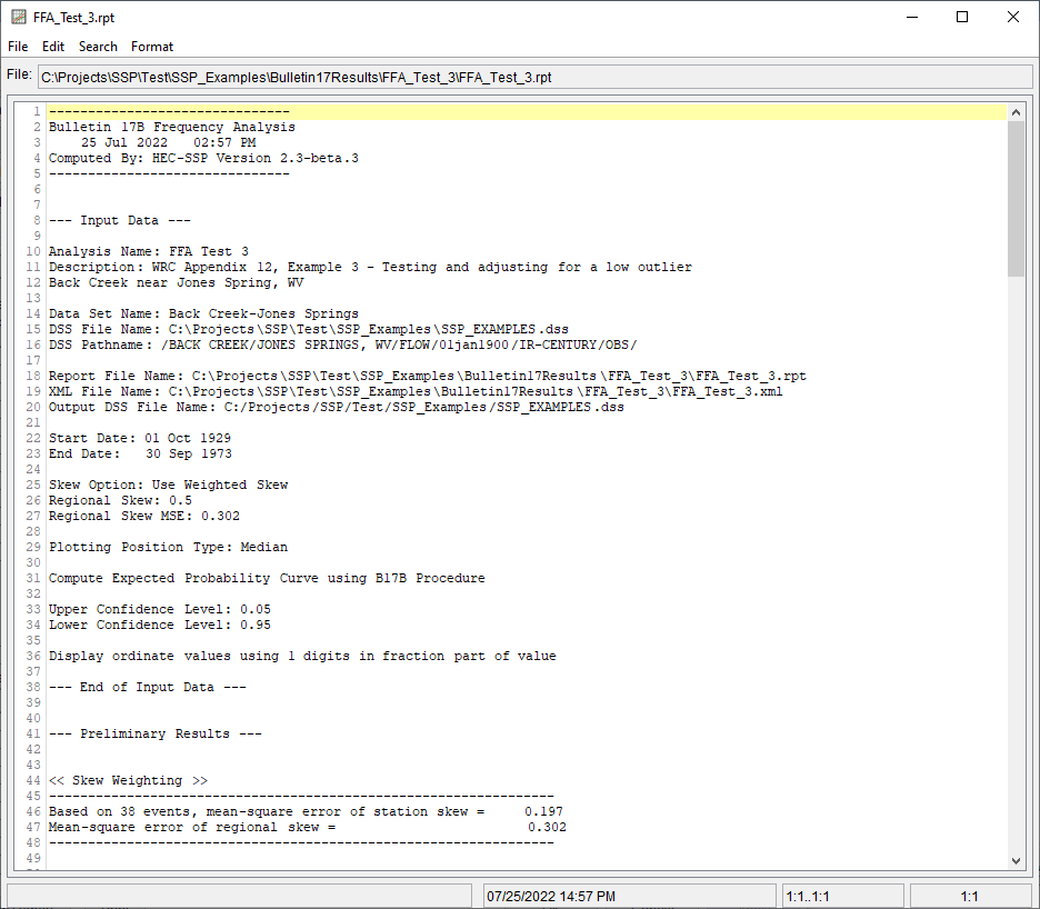 Figure 7. Report File for FFA Test 3