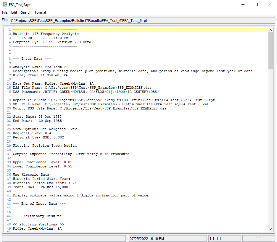 Figure 7. Report File for FFA Test 6