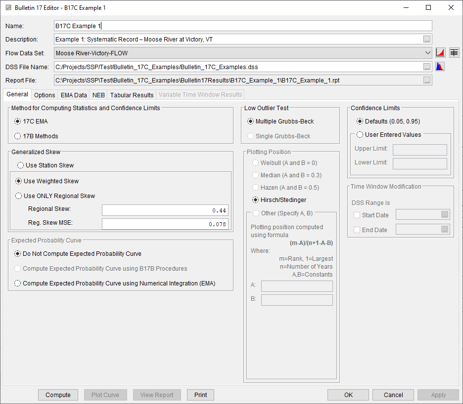 Figure 2. Bulletin 17 Analysis General Tab for B17C Example 1.