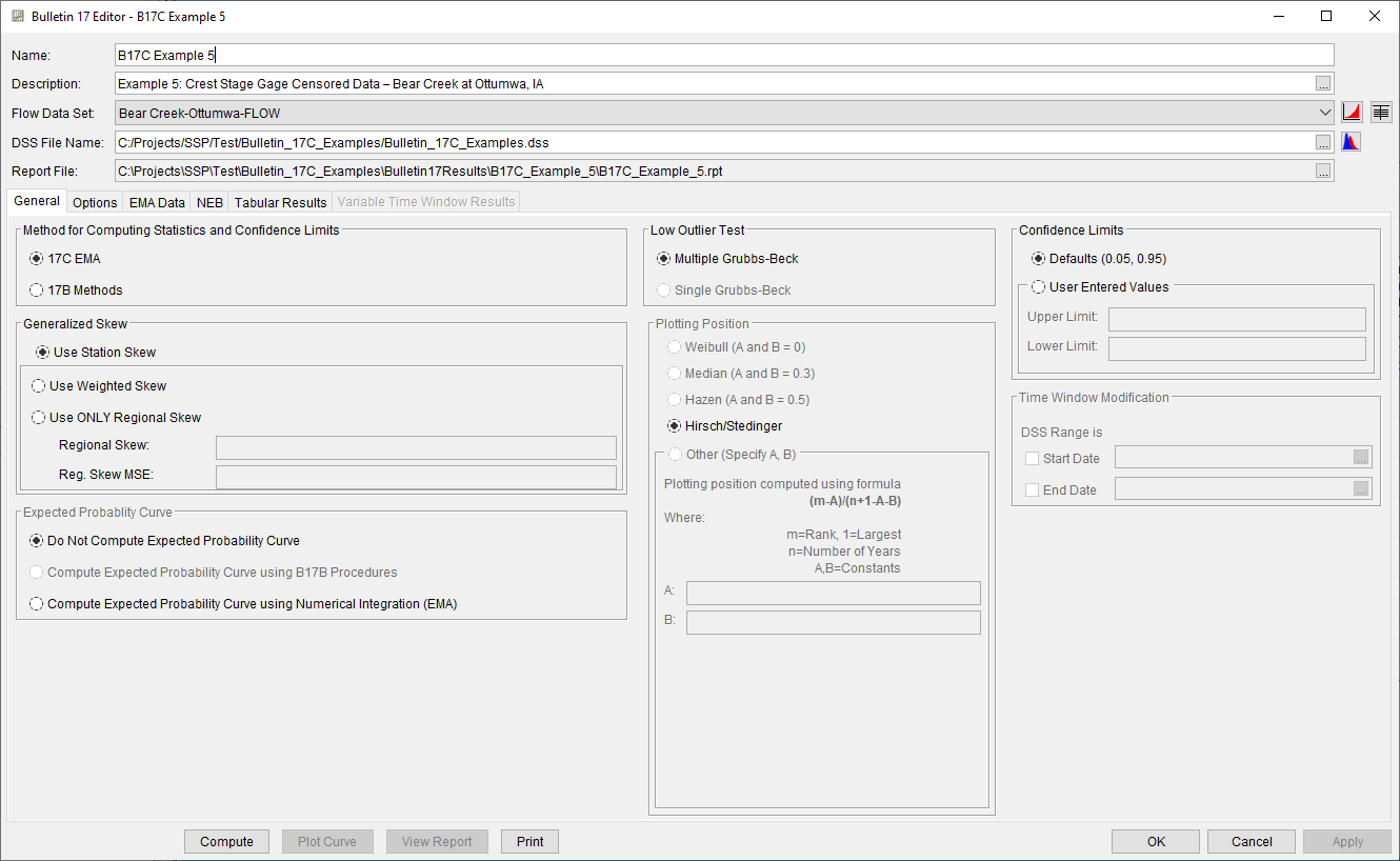 Figure 2. Bulletin 17 Analysis General Tab for B17C Example 5.