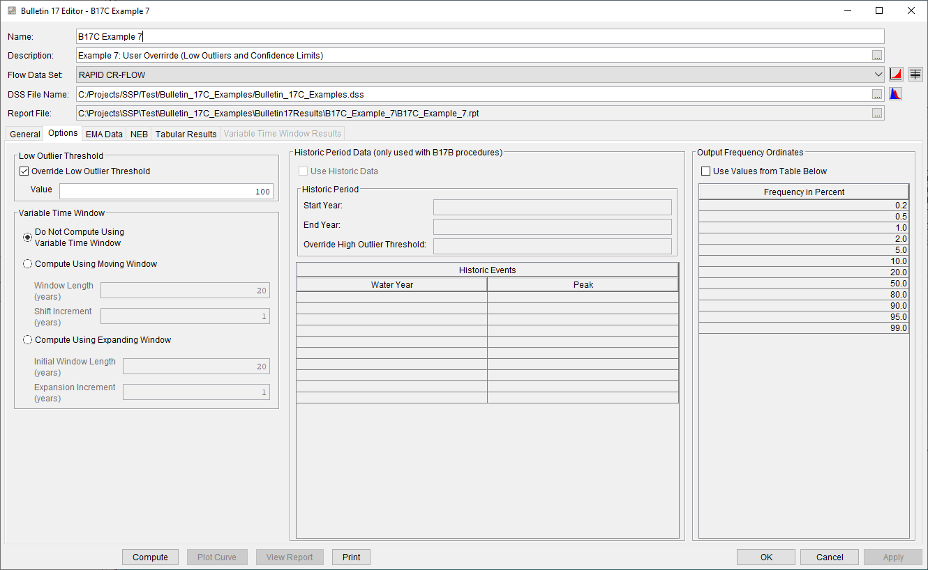 Figure 3. Bulletin 17 Analysis Options Tab for B17C Example 7.