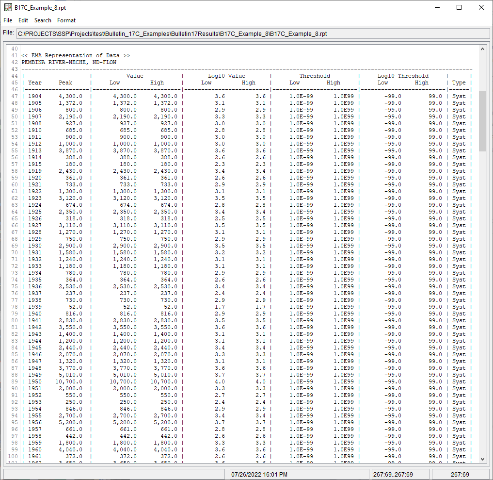 Figure 7. Report File for B17C Example 8 showing missing periods removed from EMA computations.