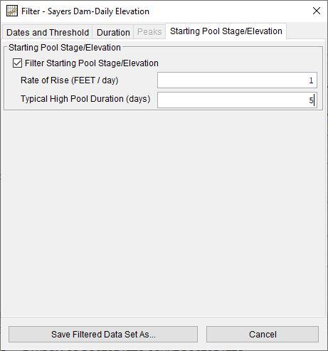 Figure 2. Data Filters Used for Sayers Dam Starting Pool.