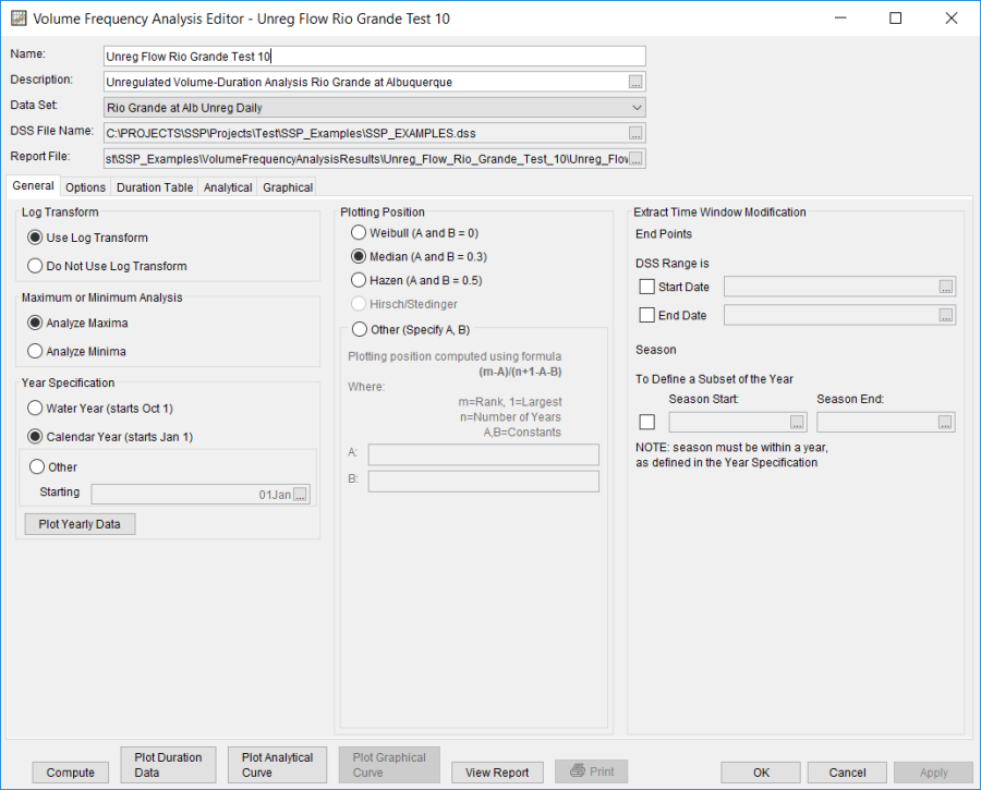 Figure 2. Volume Frequency Analysis Editor for Unreg Flow Rio Grande Test 10