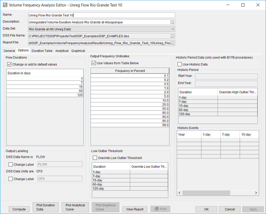 Figure 3. Options tab Shown for Unreg Flow Rio Grande Test 10