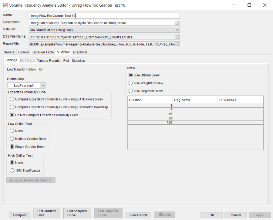 Figure 5. Settings tab Shown for Unreg Flow Rio Grande Test 10