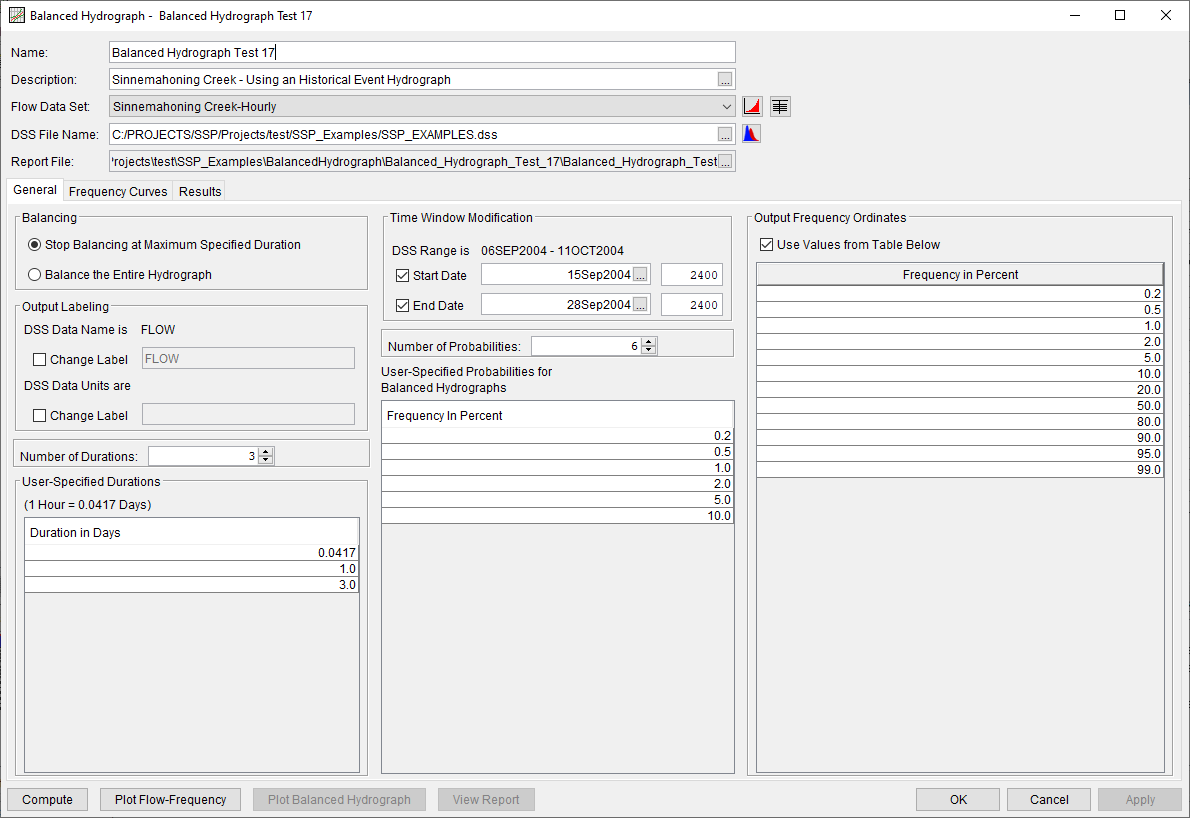 Figure 1. General Tab Shown for Balanced Hydrograph Test 17.