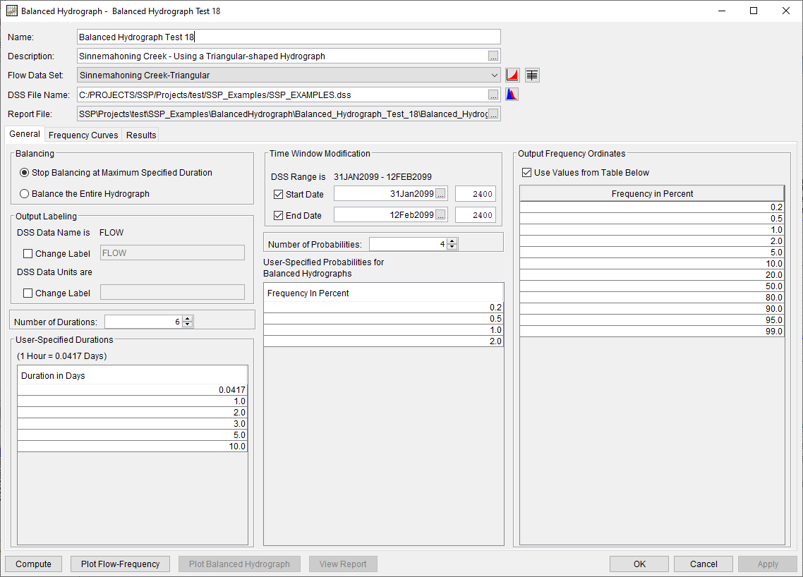 Figure 1. General Tab Shown for Balanced Hydrograph Test 18.