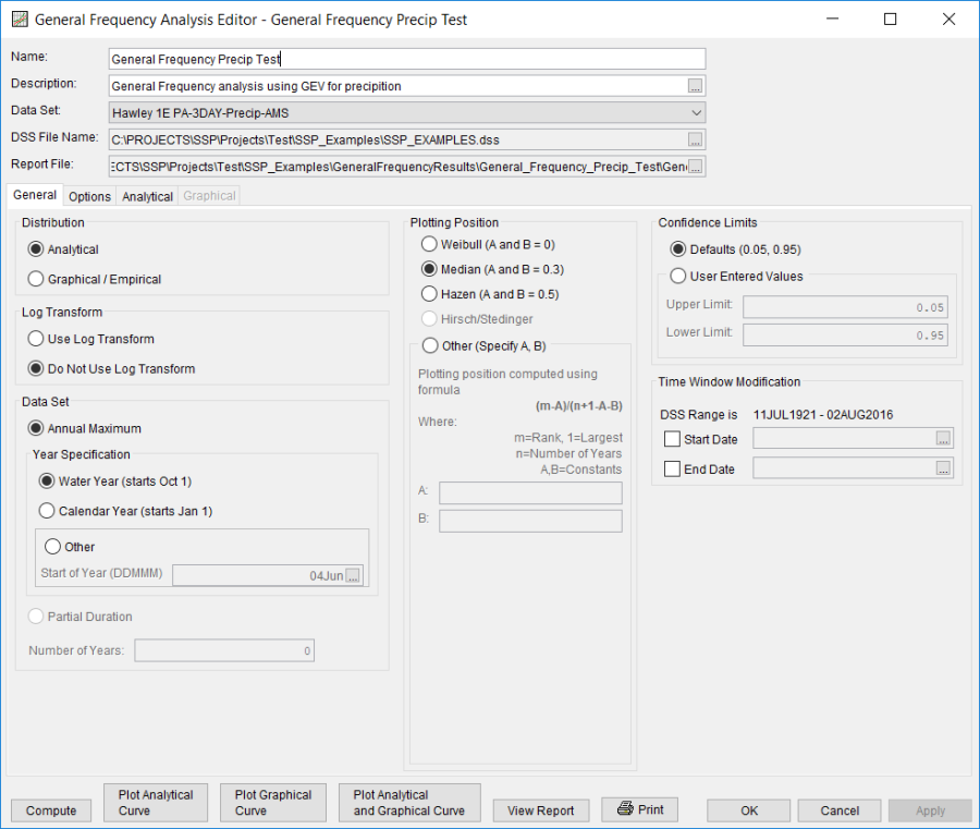 Figure 2. General Frequency Analysis Editor for General Frequency Precip Test.