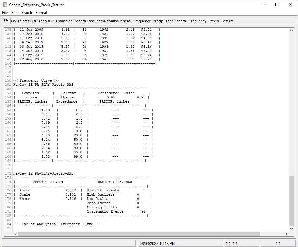 Figure 7. General Frequency Precip Test Report File.