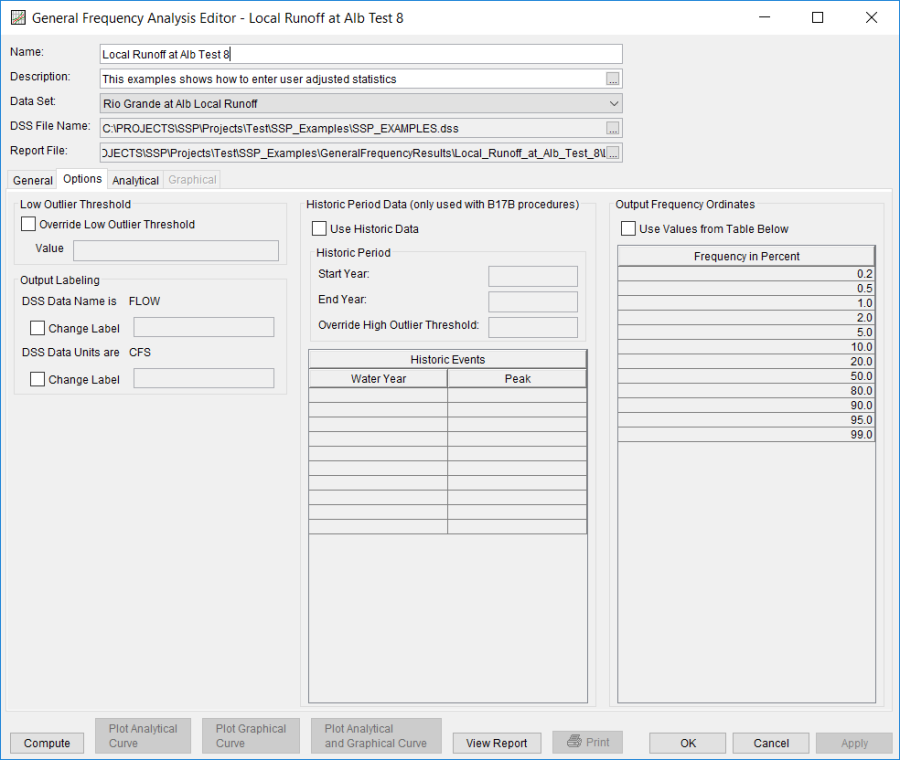 Figure 4. General Frequency Analysis Editor with Options Tab Shown for Local Runoff at Alb Test 8