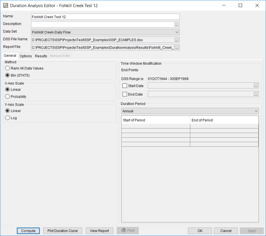 Figure 2. Duration Analysis Editor for Fishkill Creek Test 12