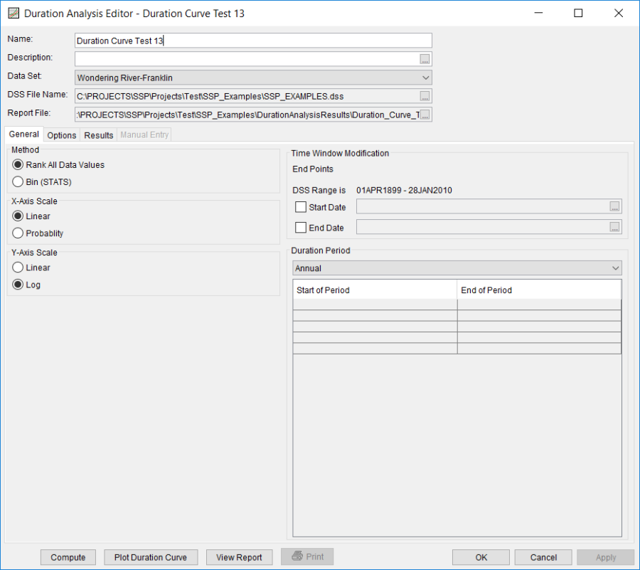 Figure 2. Duration Analysis Editor for Duration Curve Test 13