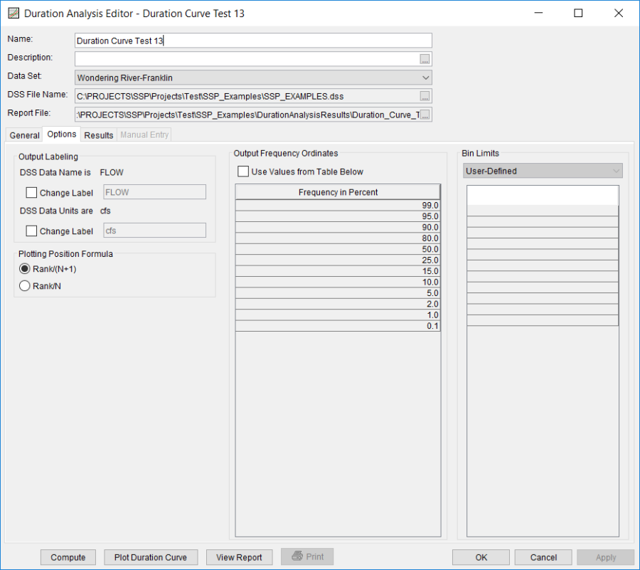 Figure 3. Duration Analysis Editor with Options Tab Shown for Duration Curve Test 13 Figure 3. Duration Analysis Editor with Options Tab Shown for Duration Curve Test 13