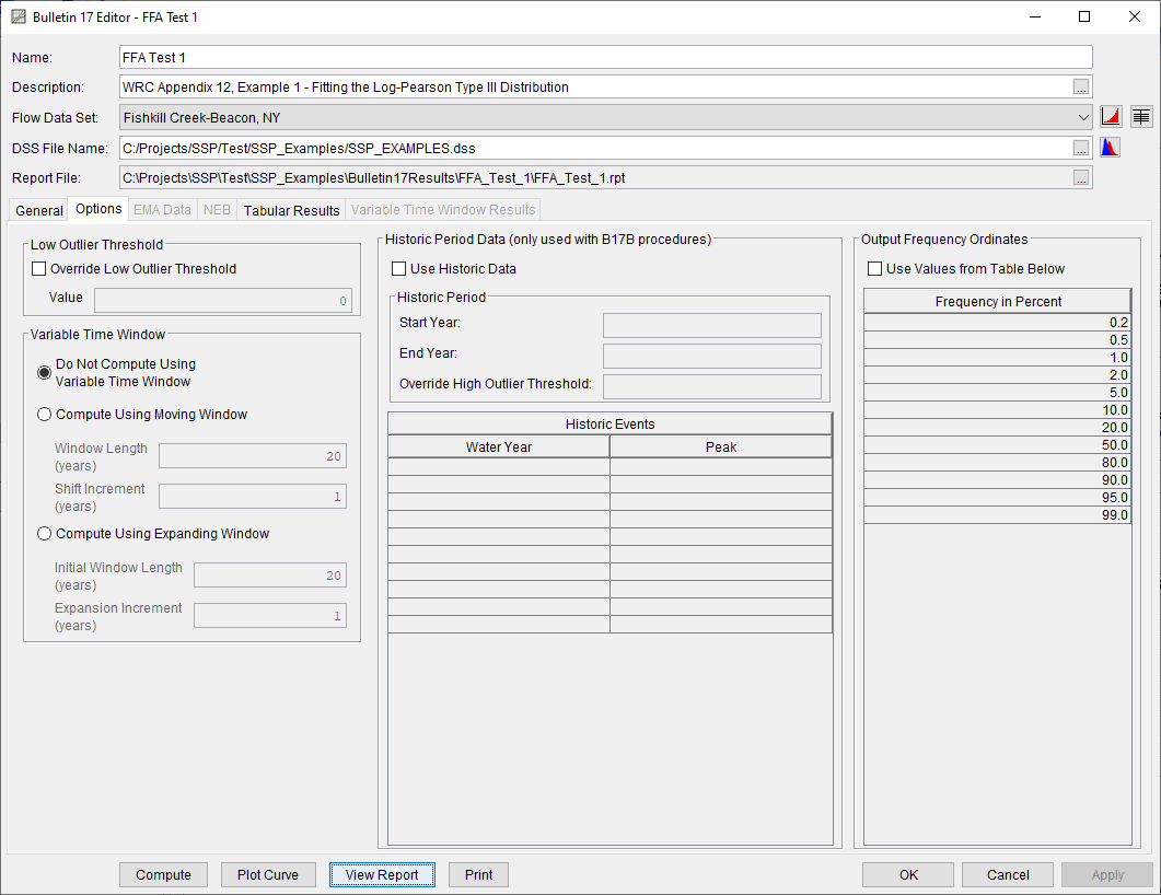 Figure 4. Bulletin 17 Editor with Options Tab Selected for FFA Test 1