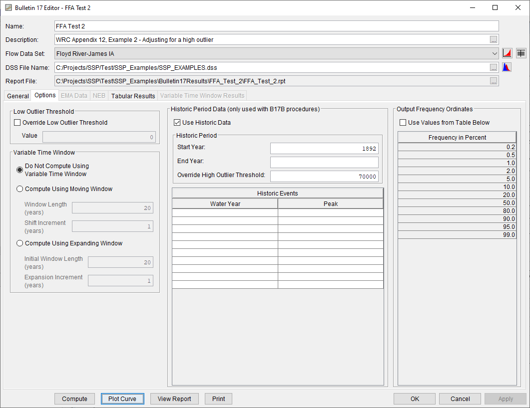 Figure 4. Bulletin 17 Editor with Options Tab Selected for FFA Test 2