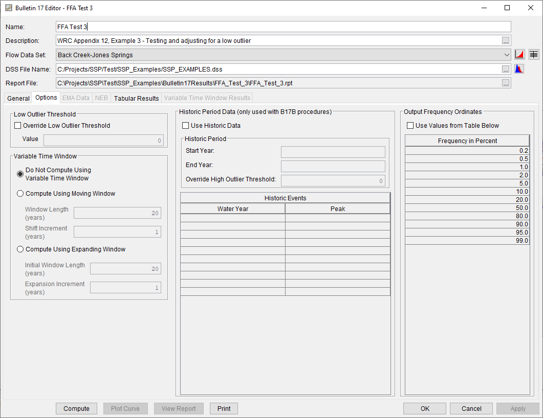 Figure 4. Bulletin 17 Editor with the Options Tab Selected for FFA Test 3