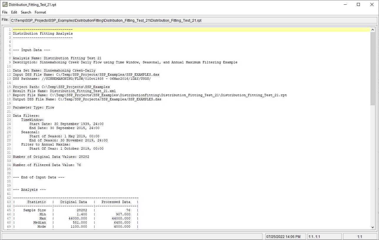 Figure 16. Report File for Distribution Fitting Test 21.