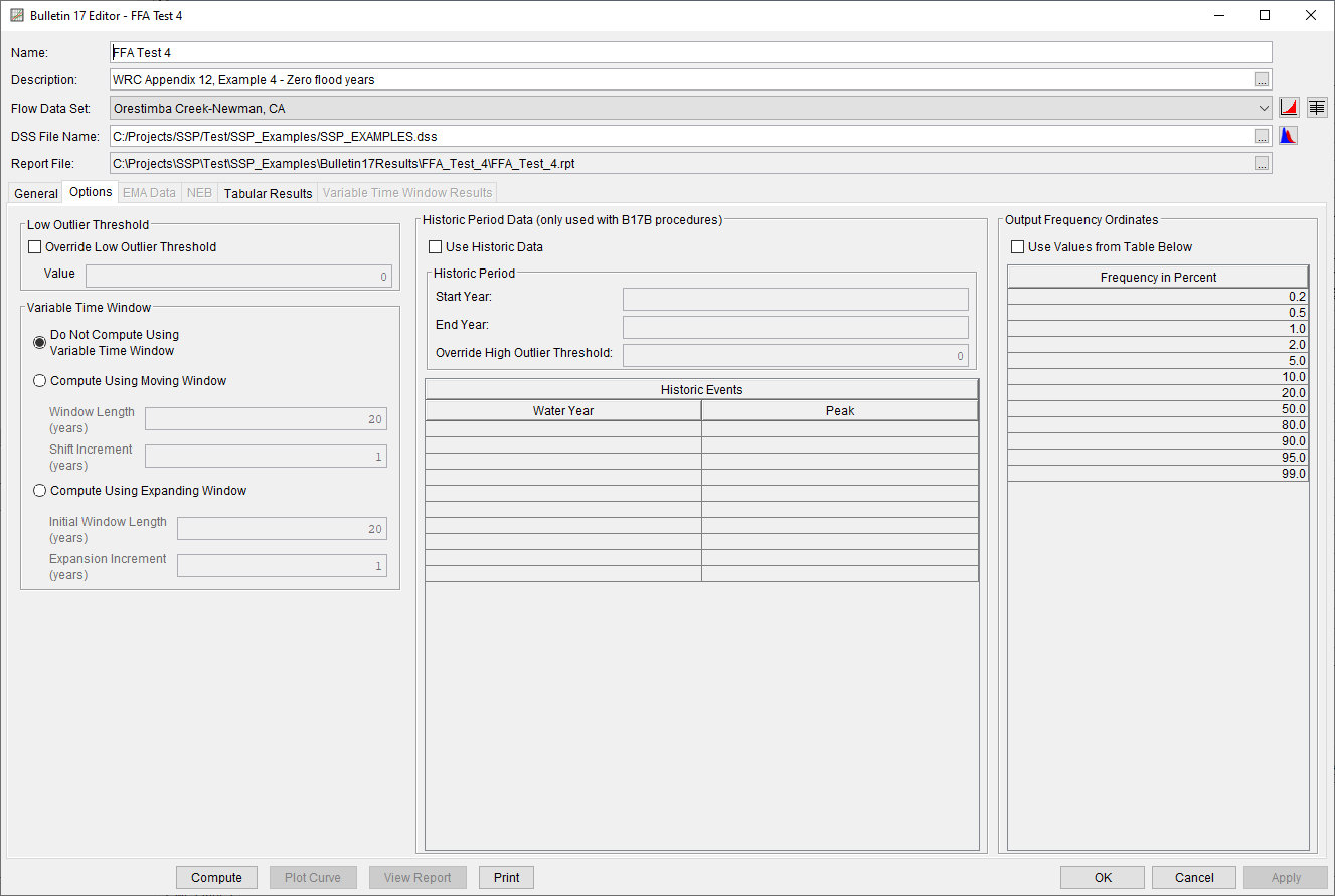 Figure 4. Bulletin 17 Editor with the Options Tab Selected for FFA Test 4