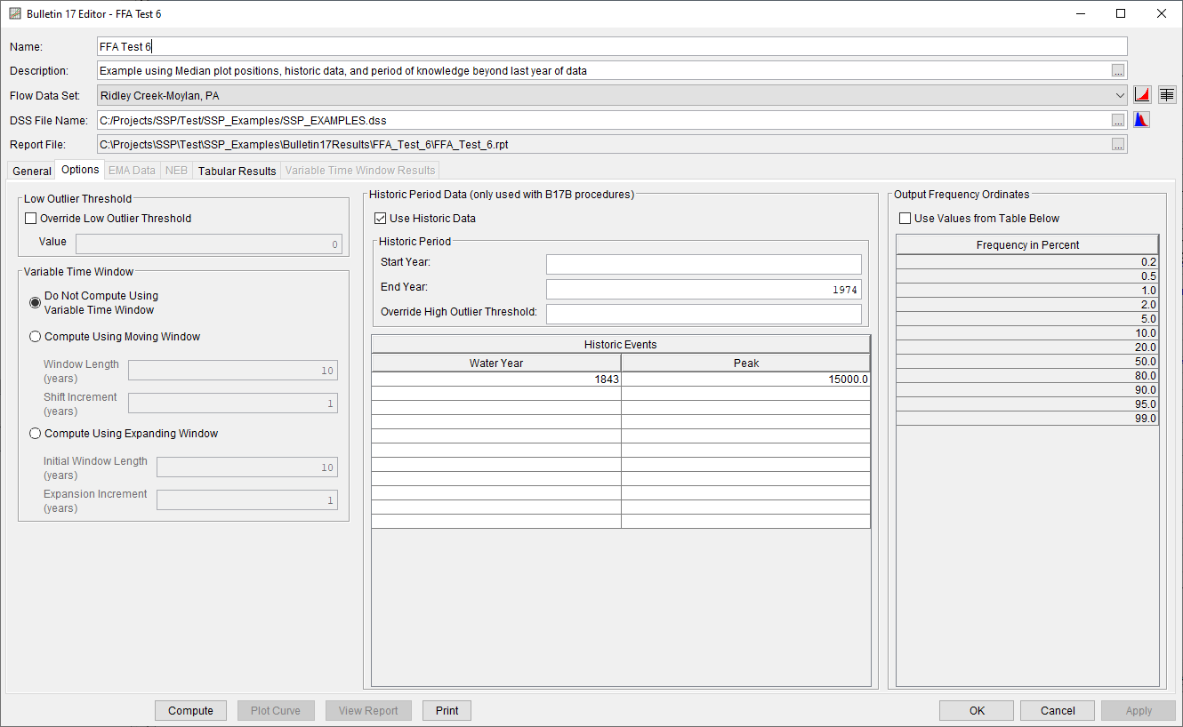 Figure 4. Bulletin 17 Analysis Editor with Options Tab Shown for FFA Test 6