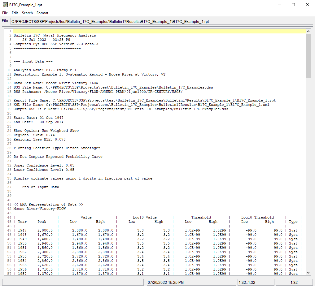 Figure 6. Report File for B17C Example 1.