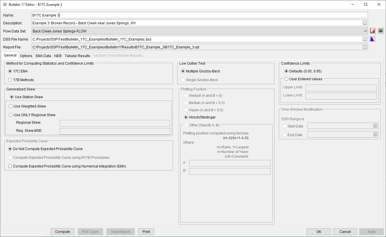 Figure 2. Bulletin 17 Analysis General Tab for B17C Example 3.