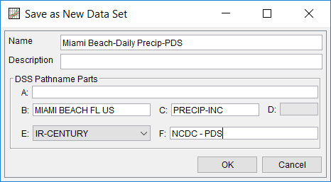 Figure 3. Name and DSS Pathname Parts for Miami Beach Precipitation. Figure 3. Name and DSS Pathname Parts for Miami Beach Precipitation.