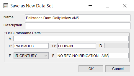 Figure 3. Name and DSS Pathname Parts for Palisades Lake Inflow.