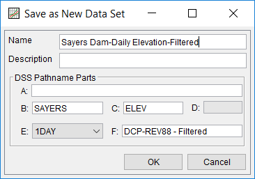 Figure 3. Name and DSS Pathname Parts for Sayers Dam Starting Pool.