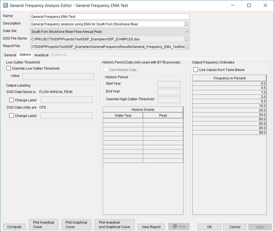 Figure 3. General Frequency Analysis Editor with Options Tab Selected for General Frequency EMA Test.