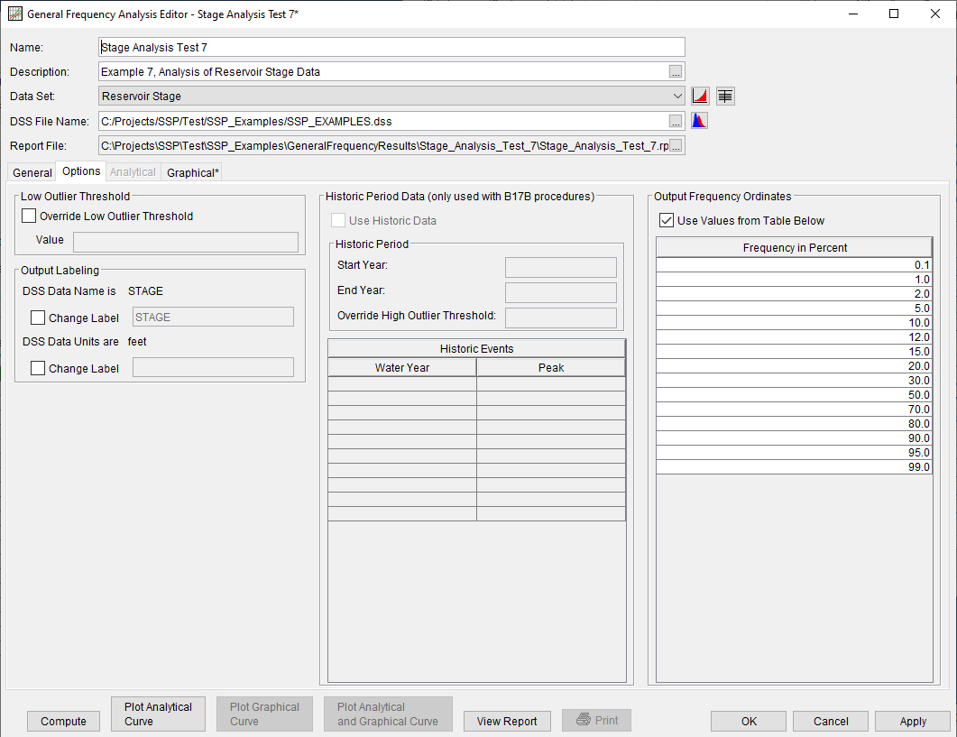 Figure 4. General Frequency Analysis Editor with Options Tab Shown for Stage Analysis Test 7