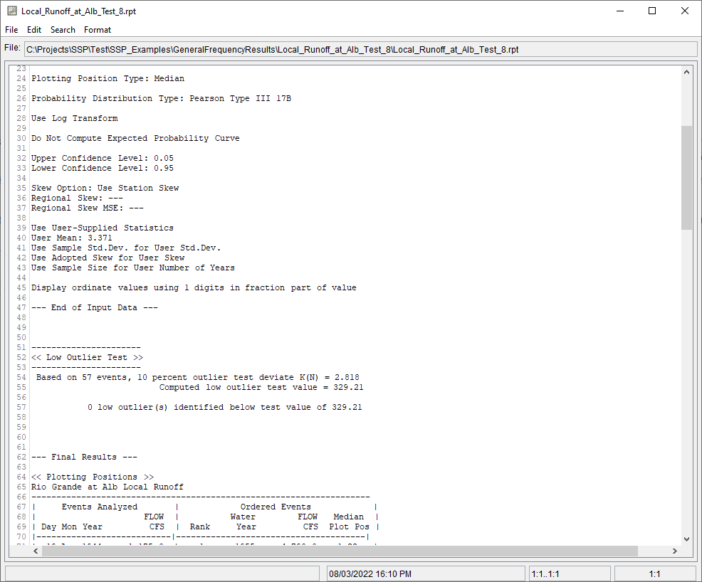 Figure 10. Report File for Local Runoff at Alb Test 8