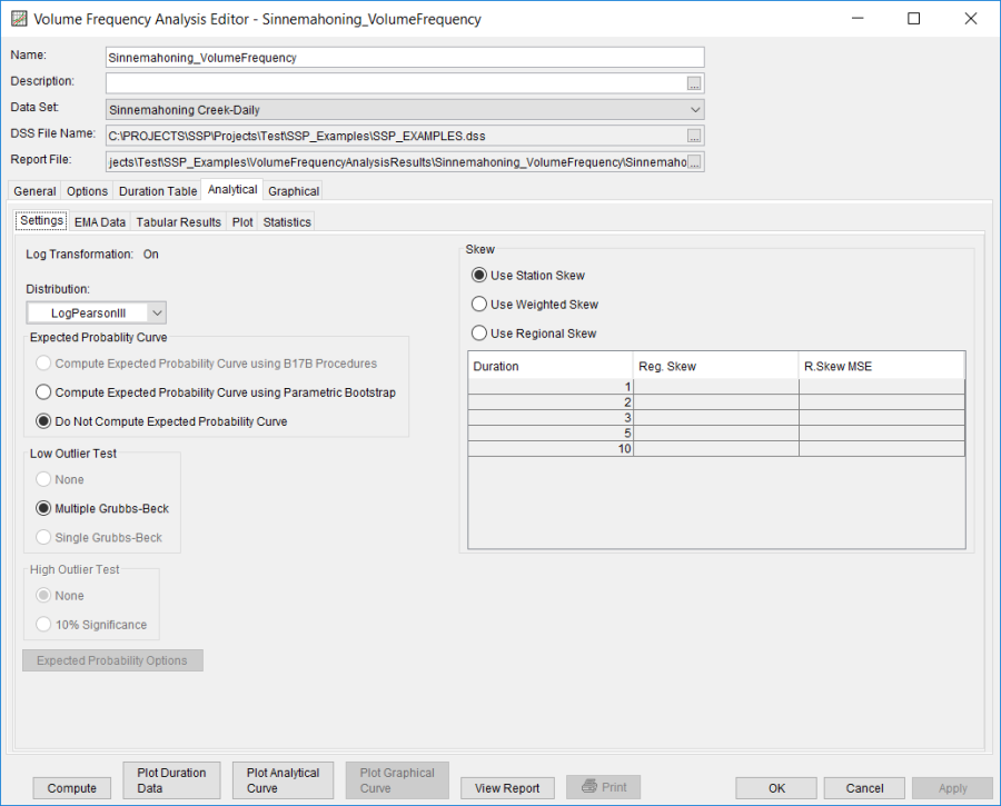 Figure 5. Settings Tab Shown for Sinnemahoning_VolumeFrequency.