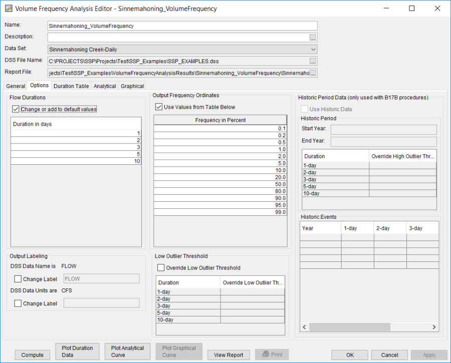 Figure 3. Options Tab Shown for Sinnemahoning_VolumeFrequency.
